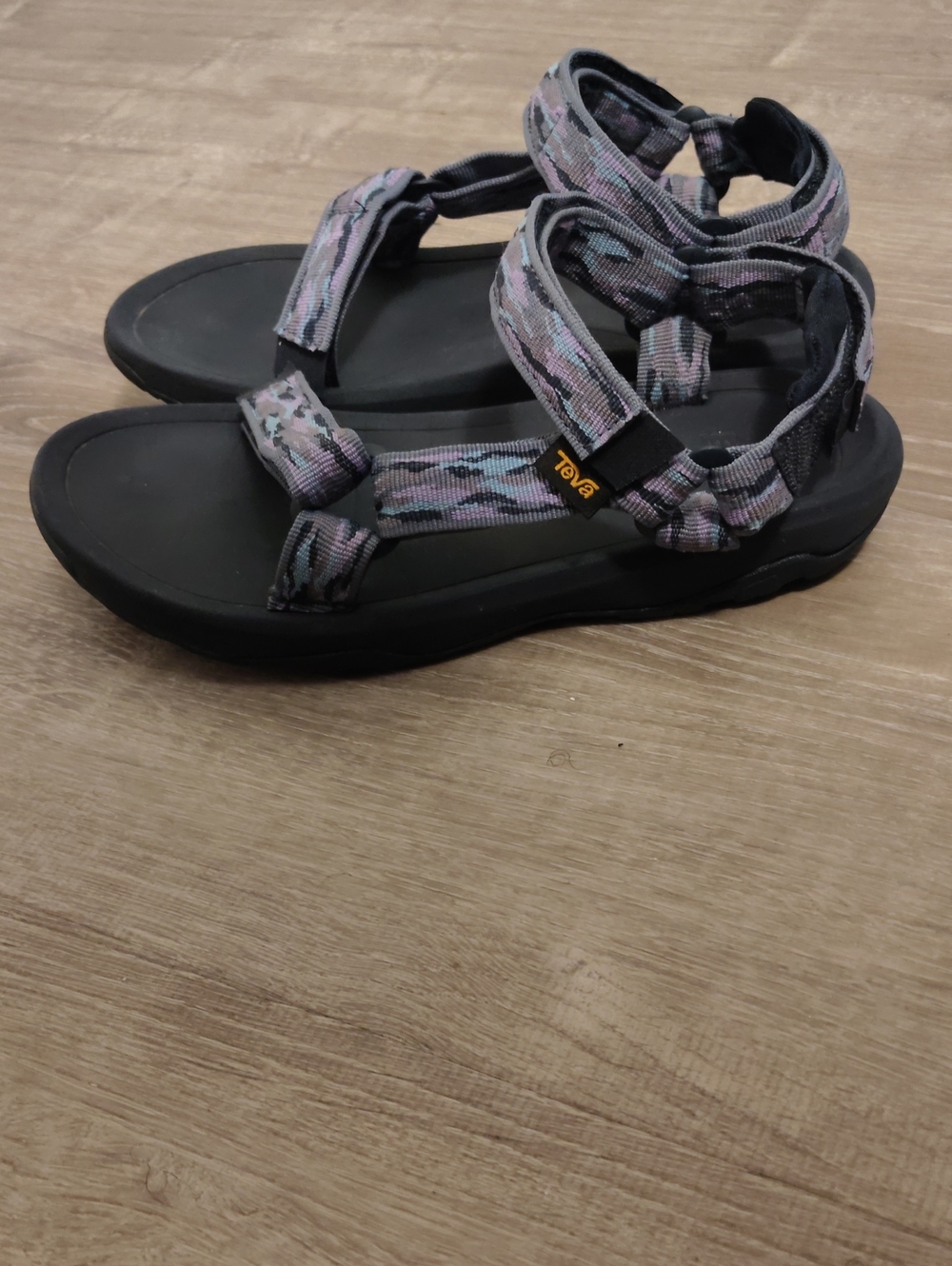 Teva Women’s Black Sandals with Gray and Purple Patterned Straps